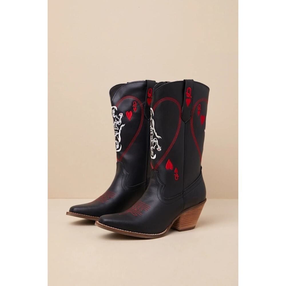 Dingo Queen A Hearts Black Leather Knee-High Western Boots 9.5 - Picture 2 of 7